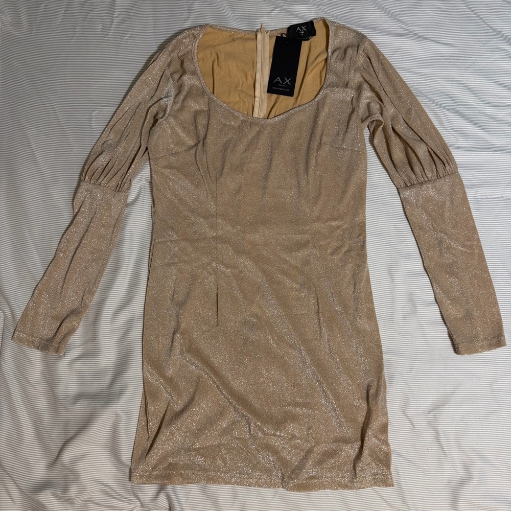 NWT! AX Paris Size 14 Tan Silver Sparkle Bodycon Mini Dress with Ruched Sleeve